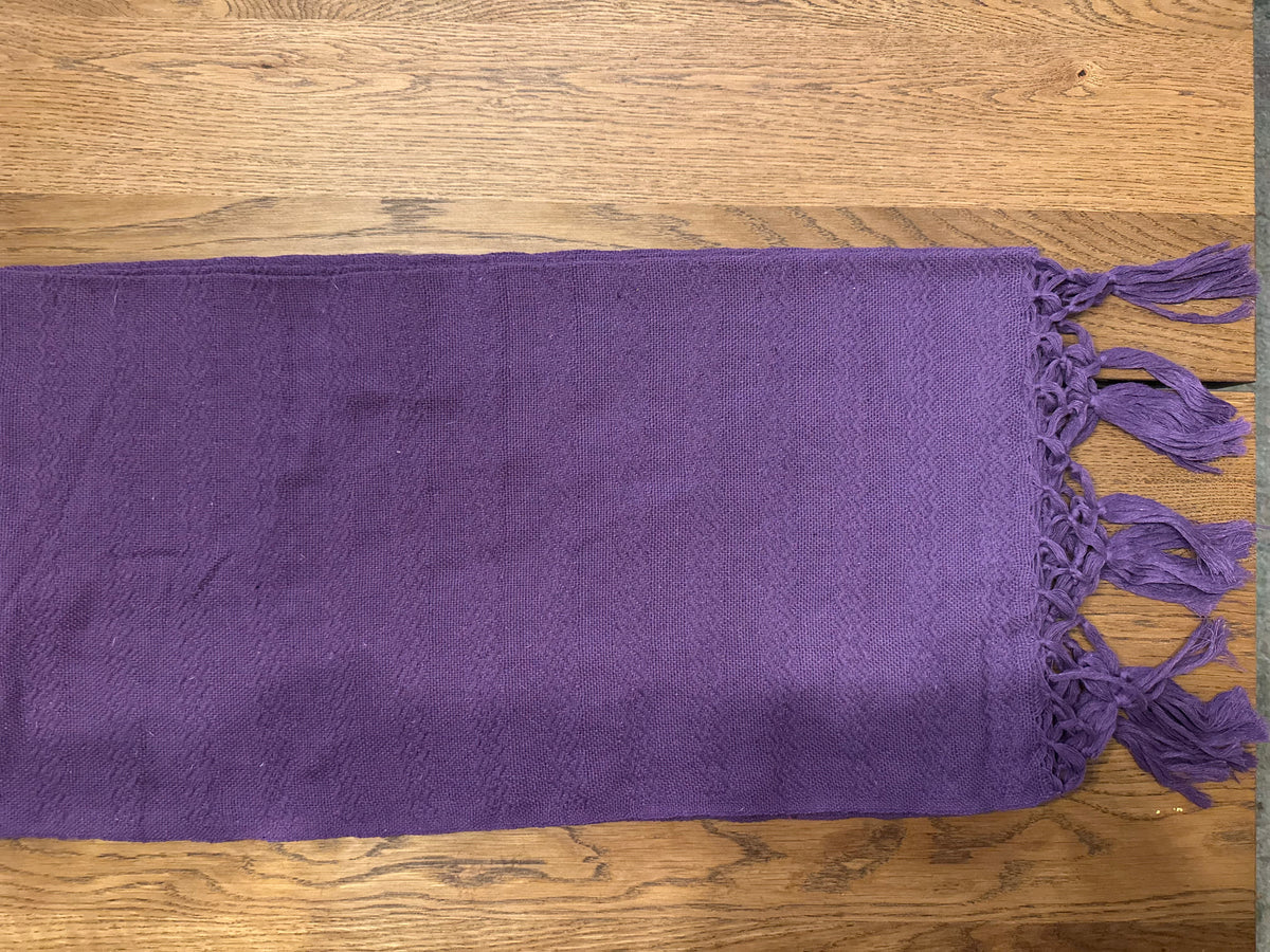 Uva Morada handwoven Mexican cotton rebozo flat lay — solid purple with purple knotted fringe | Lola My Love