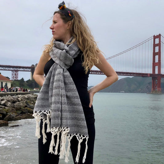 Mexican Rebozo Shawl - Black & White Embrace - Lola My Love