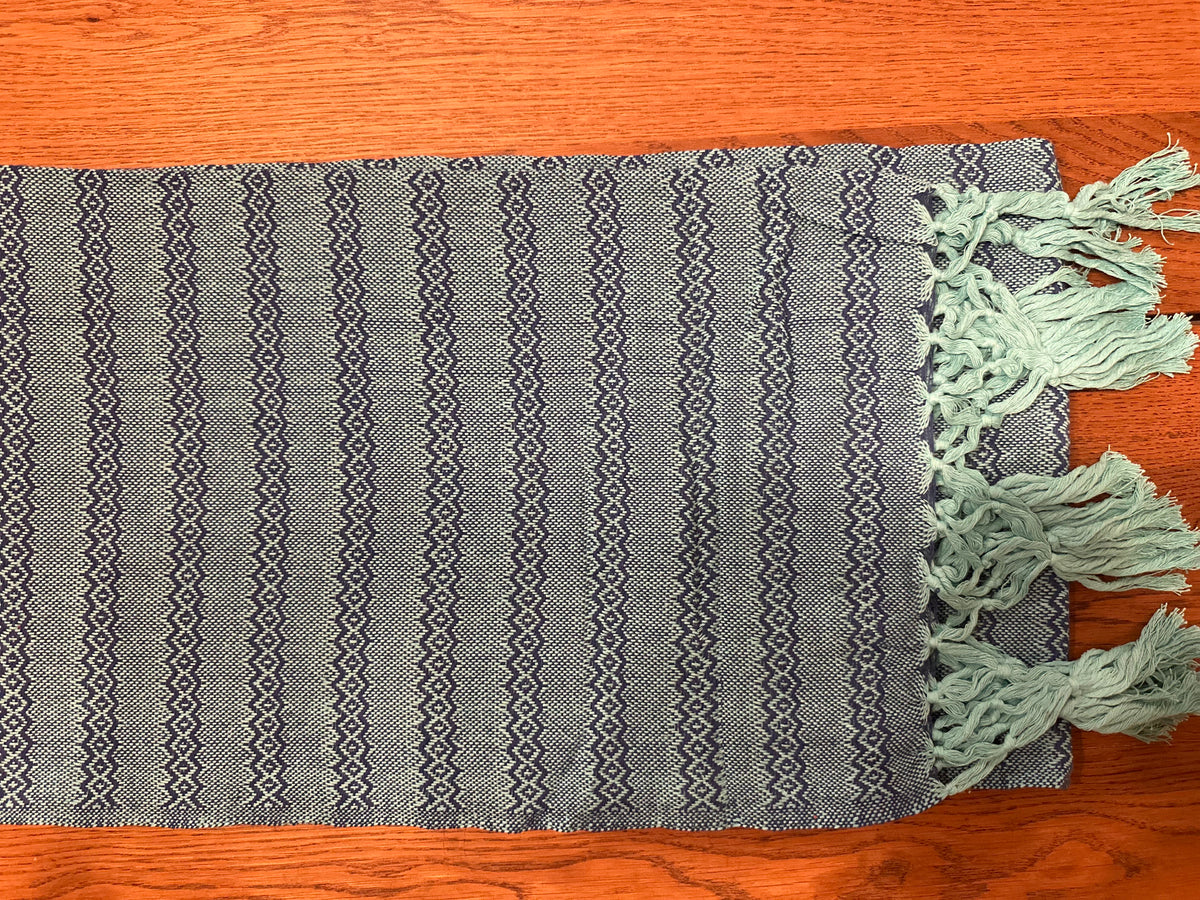 Agua de Mar handwoven Mexican cotton rebozo flat lay, turquoise aqua with navy stripes and aqua fringe | Lola My Love