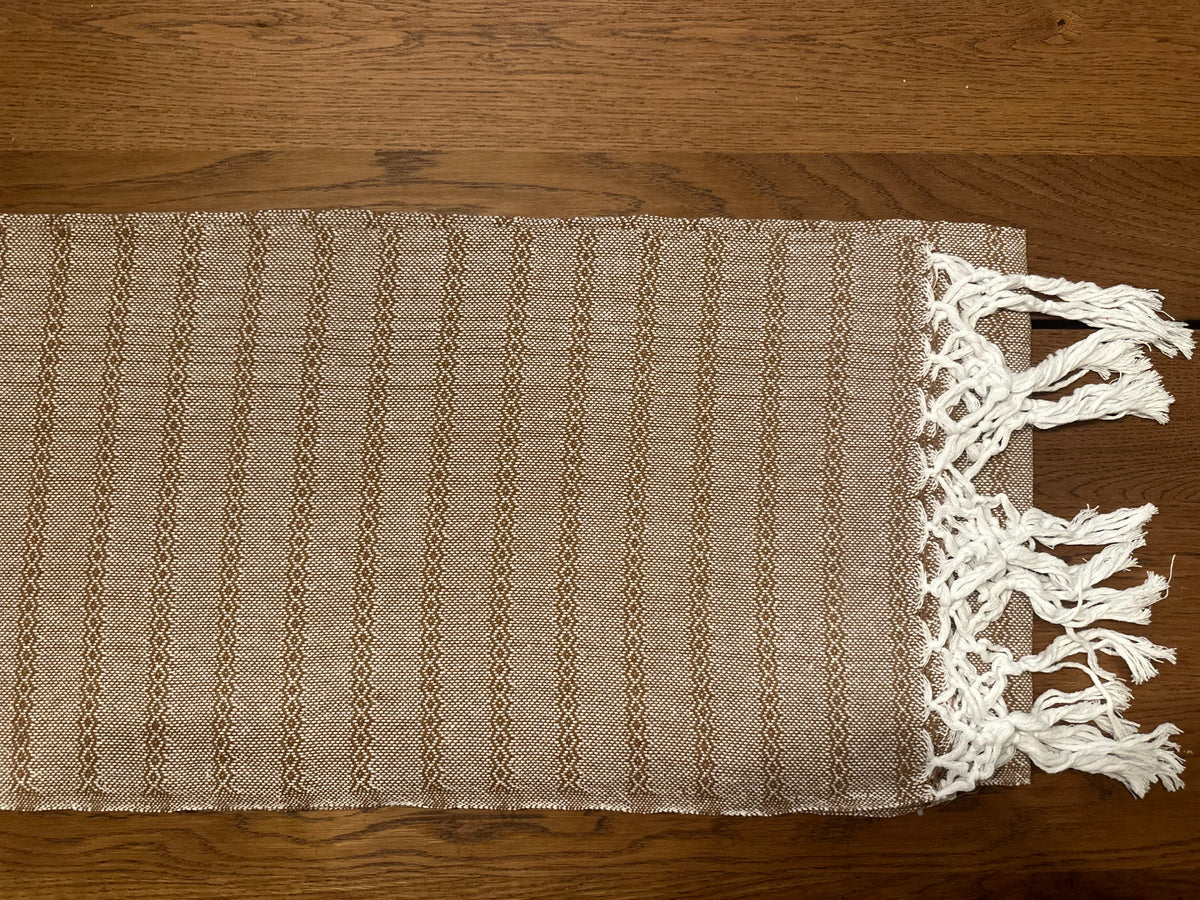 Café de Olla handwoven Mexican cotton rebozo flat lay — caramel brown and cream diamond stripes with white knotted fringe | Lola My Love