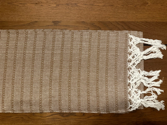 Café de Olla handwoven Mexican cotton rebozo flat lay — caramel brown and cream diamond stripes with white knotted fringe | Lola My Love