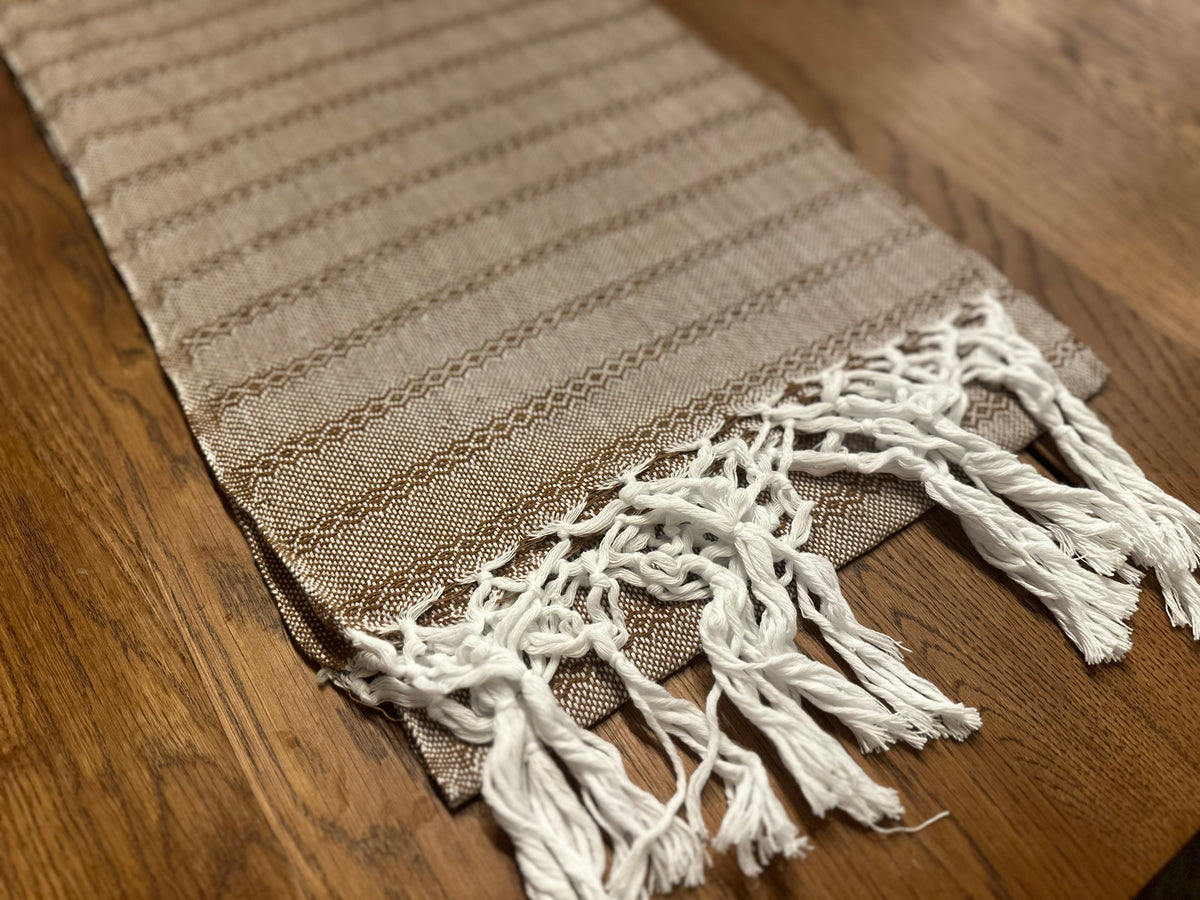 Café de Olla Mexican rebozo baby wrap showing white hand-tied knotted fringe and fine zigzag stripe weave | Lola My Love