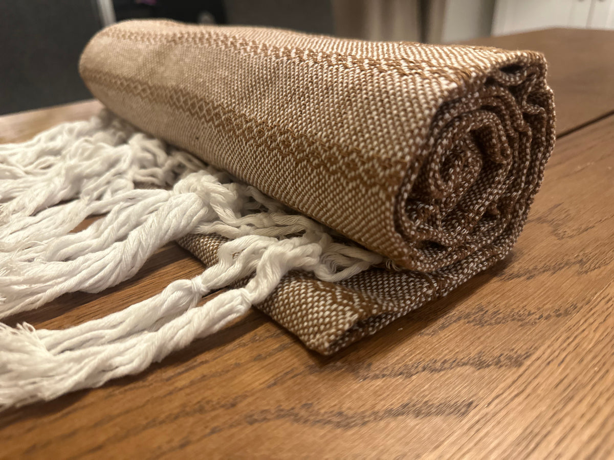 Rolled Café de Olla handwoven cotton rebozo shawl in cinnamon brown and natural cream | Lola My Love