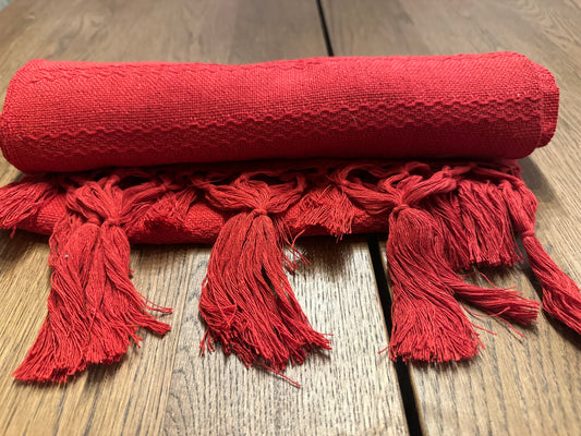 Rolled Chile Rojo handwoven Mexican cotton rebozo in solid red with matching red hand-knotted fringe | Lola My Love