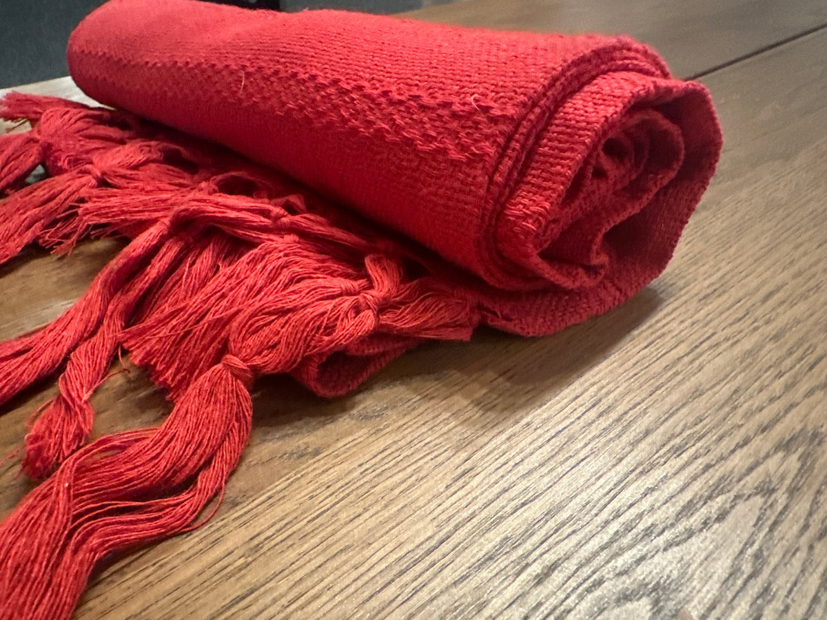 Rolled Chile Rojo red rebozo close-up of the tone-on-tone diamond and chevron texture | Lola My Love