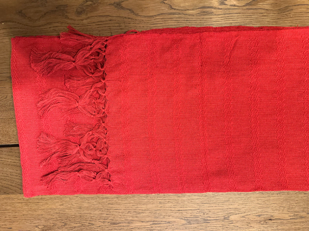 Chile Rojo handwoven Mexican cotton rebozo flat lay — solid red with red knotted fringe | Lola My Love