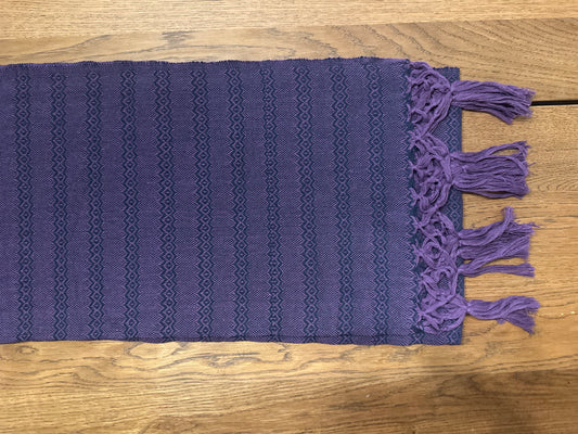 Jacaranda Magic handwoven Mexican cotton rebozo flat lay — deep plum purple with navy diamond-zigzag stripes and purple knotted fringe | Lola My Love