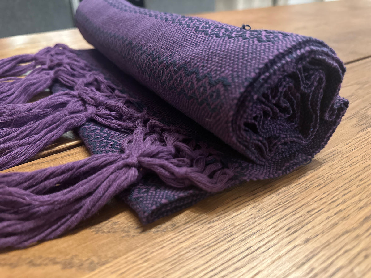 Rolled Jacaranda Magic handwoven Mexican rebozo in violet purple and dark indigo stripes | Lola My Love