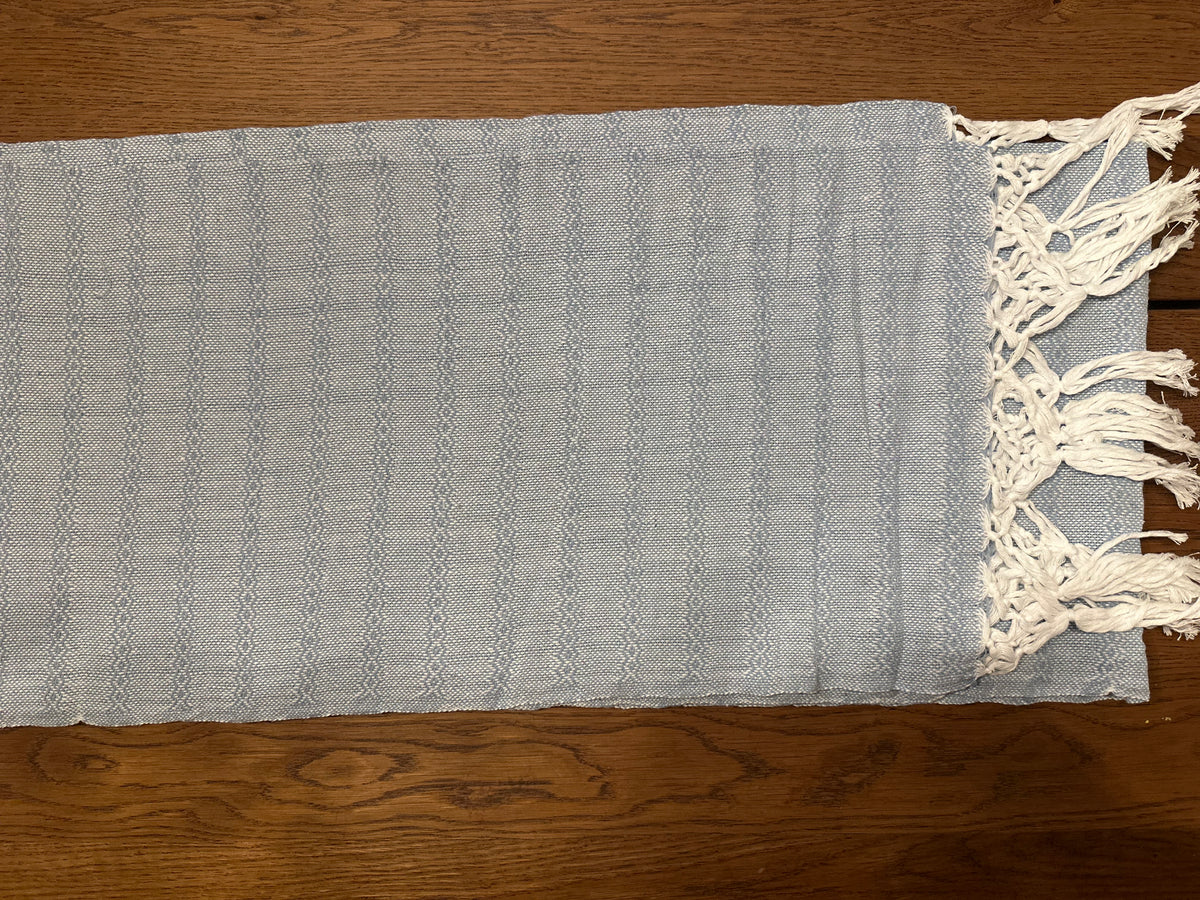 Talavera Azul handwoven Mexican cotton rebozo flat lay — dusty blue with white stripes and white fringe | Lola My Love