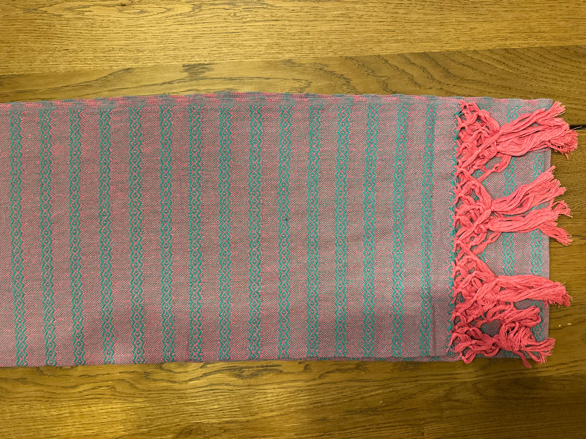 Tuna Rosa handwoven Mexican cotton rebozo flat lay — hot pink with teal diamond stripes and pink fringe | Lola My Love