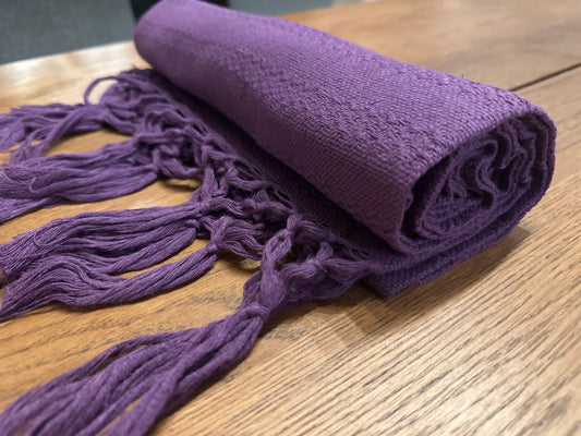 Rolled Uva Morada handwoven Mexican cotton rebozo in solid grape purple with matching purple hand-knotted fringe | Lola My Love