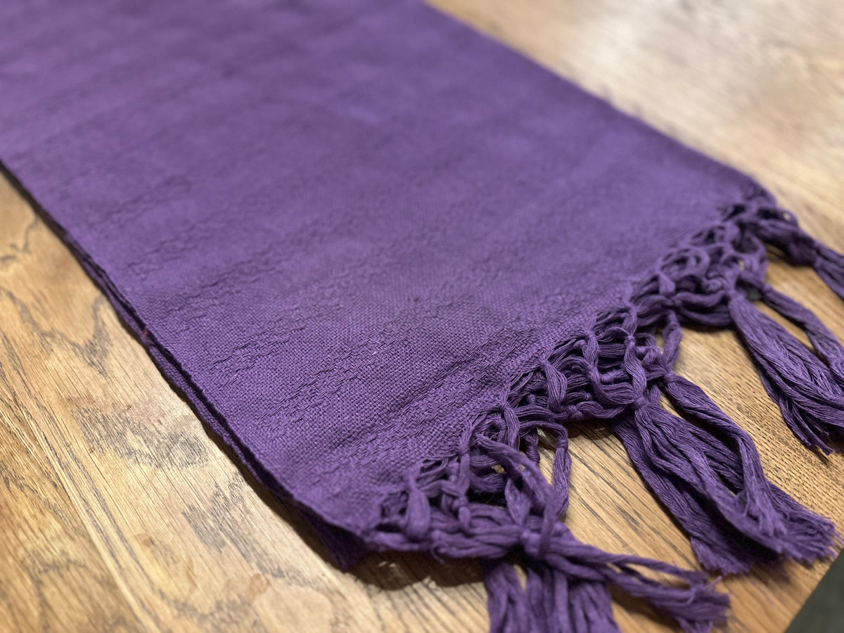 Close-up of the Uva Morada rebozo's woven texture and purple hand-knotted fringe | Lola My Love