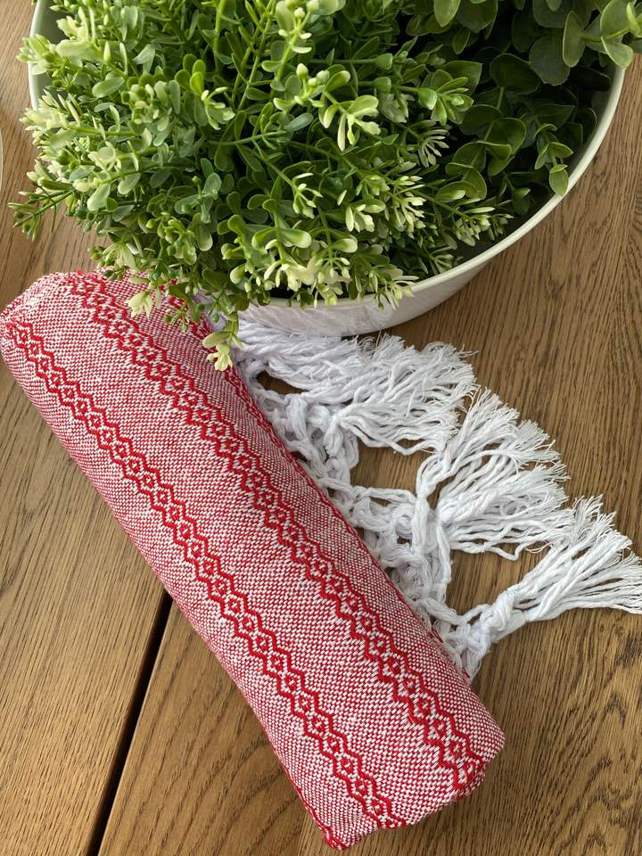 Fire and Snow rebozo in red and white cotton with white fringe